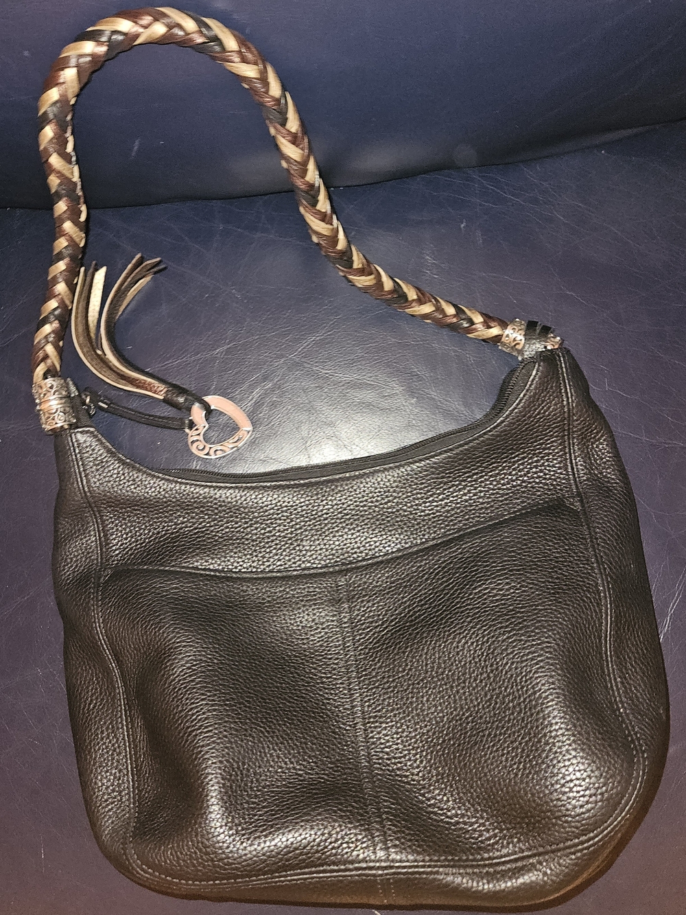 Brighton Black Pebbled Leather Shoulder Bag with Braided Handle